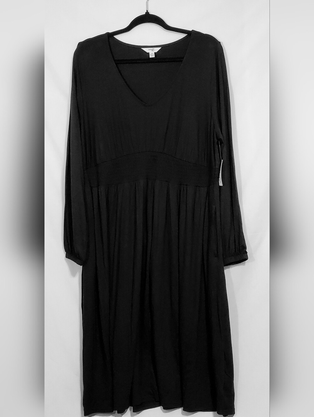 Terra & Sky Smock Waist Dress Long Sleeve Black 1X NWT